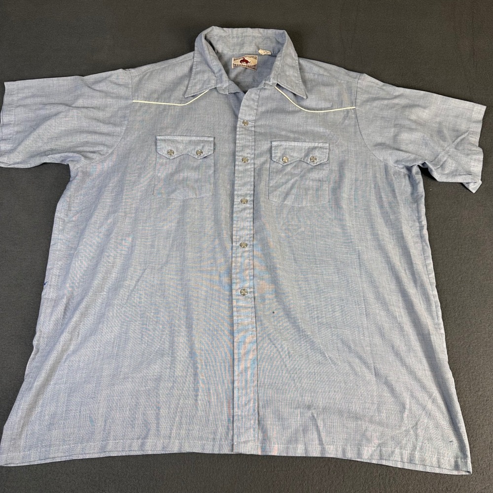 Vintage Rancher Western Wear Blue Pearl Snap Shirt Mens 2X Big Short Sleeve USA